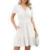 image:imageECOWISH Summer Dresses for Women 2026 Lace Hollow Out V Neck Short Sleeve Ruffle Casual Beach Vacation ALine Mini DressWhite