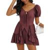 image:imageECOWISH Womens Summer Short Rompers Tie Front V Neck Short Sleeve Ruffle Hem Beach Romper Dress with Pockets 2026Bean Paste