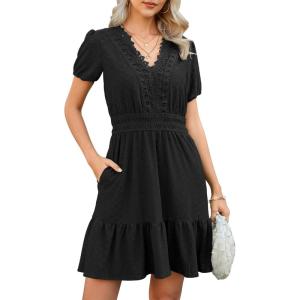 image:imageECOWISH Summer Dresses for Women 2026 Lace Hollow Out V Neck Short Sleeve Ruffle Casual Beach Vacation ALine Mini DressBlack