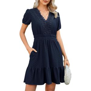 image:imageECOWISH Summer Dresses for Women 2026 Lace Hollow Out V Neck Short Sleeve Ruffle Casual Beach Vacation ALine Mini DressNavy Blue