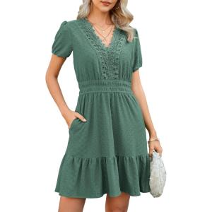 image:imageECOWISH Summer Dresses for Women 2026 Lace Hollow Out V Neck Short Sleeve Ruffle Casual Beach Vacation ALine Mini DressSage Green
