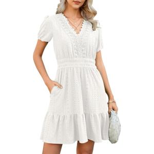 image:imageECOWISH Summer Dresses for Women 2026 Lace Hollow Out V Neck Short Sleeve Ruffle Casual Beach Vacation ALine Mini DressWhite