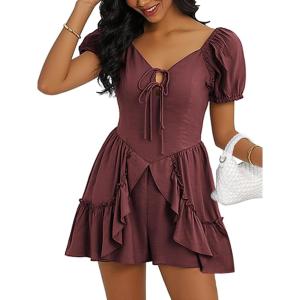 image:imageECOWISH Womens Summer Short Rompers Tie Front V Neck Short Sleeve Ruffle Hem Beach Romper Dress with Pockets 2026Bean Paste