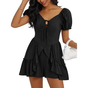 image:imageECOWISH Womens Summer Short Rompers Tie Front V Neck Short Sleeve Ruffle Hem Beach Romper Dress with Pockets 2026Black