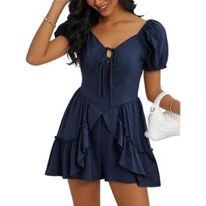 image:imageECOWISH Womens Summer Short Rompers Tie Front V Neck Short Sleeve Ruffle Hem Beach Romper Dress with Pockets 2026Navy Blue