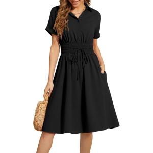 image:imageECOWISH Summer Button Mini Shirt Dresses for Women V Neck Short Sleeve Petite Work Casual Smocked Empire Waist Dress PocketsBlack