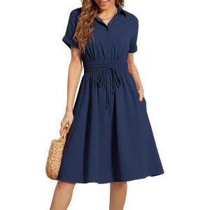 image:imageECOWISH Summer Button Mini Shirt Dresses for Women V Neck Short Sleeve Petite Work Casual Smocked Empire Waist Dress PocketsNavy Blue