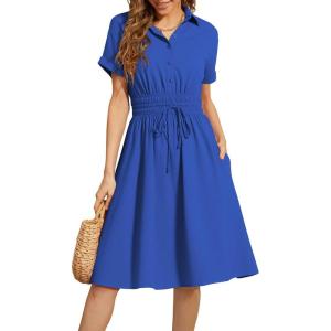image:imageECOWISH Summer Button Mini Shirt Dresses for Women V Neck Short Sleeve Petite Work Casual Smocked Empire Waist Dress PocketsRoyal Blue