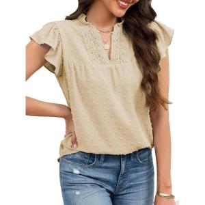 image:imageECOWISH Womens Summer Tops Dressy Casual Ruffle V Neck Short Sleeve Blouses Swiss Dot Boho Flowy Shirts 2026Beige