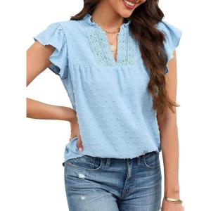 image:imageECOWISH Womens Summer Tops Dressy Casual Ruffle V Neck Short Sleeve Blouses Swiss Dot Boho Flowy Shirts 2026Light Blue