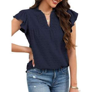 image:imageECOWISH Womens Summer Tops Dressy Casual Ruffle V Neck Short Sleeve Blouses Swiss Dot Boho Flowy Shirts 2026Navy Blue