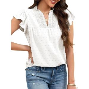 image:imageECOWISH Womens Summer Tops Dressy Casual Ruffle V Neck Short Sleeve Blouses Swiss Dot Boho Flowy Shirts 2026White