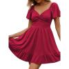 image:imageECOWISH Twist Front Mini Summer Dresses for Women Short Flutter Sleeve Casual Flowy V Neck Tie Back A Line Dress with Pockets01wine Red