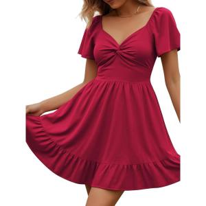 image:imageECOWISH Twist Front Mini Summer Dresses for Women Short Flutter Sleeve Casual Flowy V Neck Tie Back A Line Dress with Pockets01wine Red