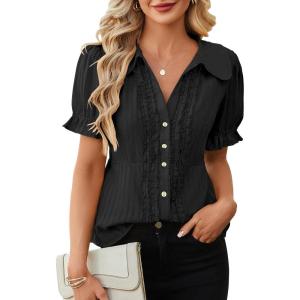 image:imageECOWISH Womens Button Down Shirt  Peter Pan Collar Cotton Blouse Summer Dressy Short Sleeve Loose Fit Work TopsBlackv
