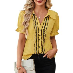 image:imageECOWISH Womens Button Down Shirt  Peter Pan Collar Cotton Blouse Summer Dressy Short Sleeve Loose Fit Work TopsYellowv