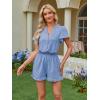 image:imageECOWISH Womens Shorts Rompers Summer Button Short Flare Sleeve Ruffle Wide Leg Mini One Piece Jumpsuits Pockets V Neck Outfit86 Blue