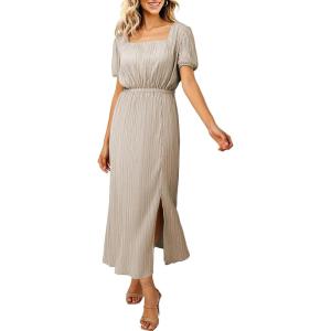 image:imageECOWISH Women Maxi Dresses Cocktail Party Wedding Guest Formal Pleated Long Dress Short Sleeve Slit Empire Waist Evening Gown93champane