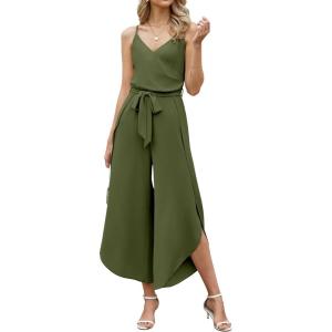 image:imageECOWISH Womens Jumpsuit Spaghetti Strap Wide Leg Split Jumpsuits Long Overalls Summer Beach Loose Fit Rompers500 Army Green