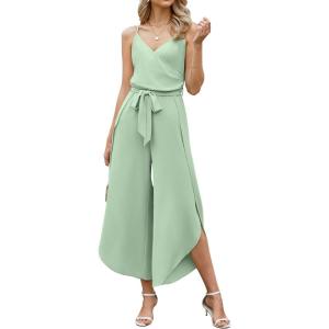 image:imageECOWISH Womens Jumpsuit Spaghetti Strap Wide Leg Split Jumpsuits Long Overalls Summer Beach Loose Fit Rompers500 Light Green