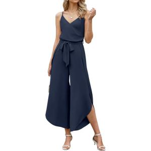 image:imageECOWISH Womens Jumpsuit Spaghetti Strap Wide Leg Split Jumpsuits Long Overalls Summer Beach Loose Fit Rompers500 Navy Blue