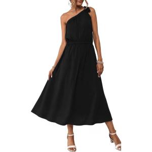 image:imageECOWISH Womens Summer One Shoulder Maxi Dress Casual Polka Dot Midi Dresses Sleeveless Long Pockets Sundress Beach Vacation92black