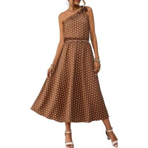 image:imageECOWISH Womens Summer One Shoulder Maxi Dress Casual Polka Dot Midi Dresses Sleeveless Long Pockets Sundress Beach Vacation92coffee Dot