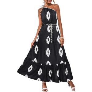 image:imageECOWISH Womens Summer One Shoulder Maxi Dress Casual Polka Dot Midi Dresses Sleeveless Long Pockets Sundress Beach VacationBlack