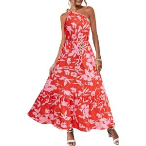 image:imageECOWISH Womens Summer One Shoulder Maxi Dress Casual Polka Dot Midi Dresses Sleeveless Long Pockets Sundress Beach VacationRed Flower