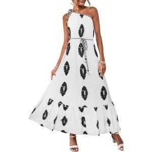 image:imageECOWISH Womens Summer One Shoulder Maxi Dress Casual Polka Dot Midi Dresses Sleeveless Long Pockets Sundress Beach VacationWhite