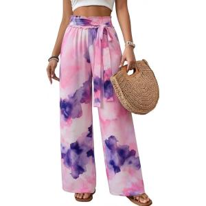 image:imageECOWISH Wide Leg Pants for Women Summer 2026 Palazzo Tropical Floral Casual High Waist Flared Trousers with PocketsTie Dye Purple