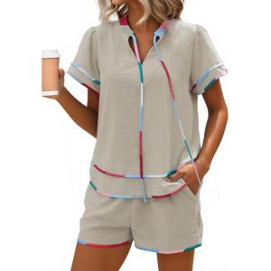 image:imageECOWISH Womens 2 Piece Outfits Casual Summer Short Sleeve V Neck Color Block Lounge Sets for Beach VacationBeige