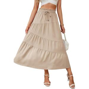 image:imageECOWISH Women Boho Maxi Skirt Summer Asymmetric Tiered Drawstring Elastic High Waist ALine Flowy Long Skirts with Pockets441 Khaki