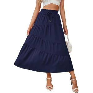 image:imageECOWISH Women Boho Maxi Skirt Summer Asymmetric Tiered Drawstring Elastic High Waist ALine Flowy Long Skirts with Pockets441 Navy Blue