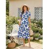 image:imageECOWISH Women Summer Casual Dress  V Neck Short Sleeve Gingham Midi Pleated Tiered Loose Fit Holiday Picnic DressesBlue Floral