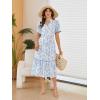 image:imageECOWISH Women Summer Casual Dress  V Neck Short Sleeve Gingham Midi Pleated Tiered Loose Fit Holiday Picnic DressesBluewhite
