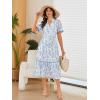 image:imageECOWISH Women Summer Casual Dress  V Neck Short Sleeve Gingham Midi Pleated Tiered Loose Fit Holiday Picnic DressesBluewhite
