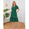 image:imageECOWISH Women Summer Casual Dress  V Neck Short Sleeve Gingham Midi Pleated Tiered Loose Fit Holiday Picnic DressesDark Green