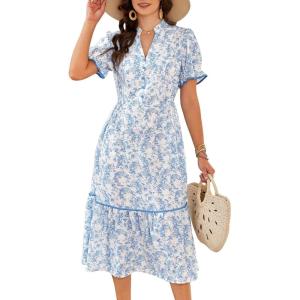 image:imageECOWISH Women Summer Casual Dress  V Neck Short Sleeve Gingham Midi Pleated Tiered Loose Fit Holiday Picnic DressesBluewhite