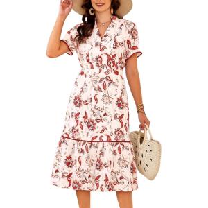 image:imageECOWISH Women Summer Casual Dress  V Neck Short Sleeve Gingham Midi Pleated Tiered Loose Fit Holiday Picnic DressesRed Floral