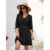 image:imageECOWISH Womens Summer Mini Dress 2026 Tie Front V Neck 34 Sleeve ALine Tiered Flowy Gingham Short Dresses with PocketAblack