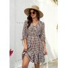 image:imageECOWISH Womens Summer Mini Dress 2026 Tie Front V Neck 34 Sleeve ALine Tiered Flowy Gingham Short Dresses with PocketBrown