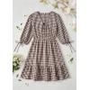 image:imageECOWISH Womens Summer Mini Dress 2026 Tie Front V Neck 34 Sleeve ALine Tiered Flowy Gingham Short Dresses with PocketBrown