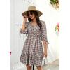 image:imageECOWISH Womens Summer Mini Dress 2026 Tie Front V Neck 34 Sleeve ALine Tiered Flowy Gingham Short Dresses with PocketBrown