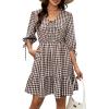 image:imageECOWISH Womens Summer Mini Dress 2026 Tie Front V Neck 34 Sleeve ALine Tiered Flowy Gingham Short Dresses with PocketBrown