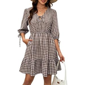 image:imageECOWISH Womens Summer Mini Dress 2026 Tie Front V Neck 34 Sleeve ALine Tiered Flowy Gingham Short Dresses with PocketBrown
