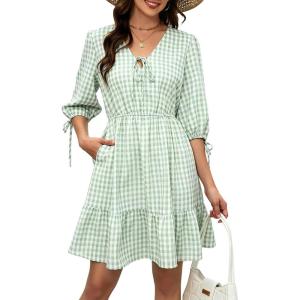 image:imageECOWISH Womens Summer Mini Dress 2026 Tie Front V Neck 34 Sleeve ALine Tiered Flowy Gingham Short Dresses with PocketGreen