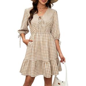 image:imageECOWISH Womens Summer Mini Dress 2026 Tie Front V Neck 34 Sleeve ALine Tiered Flowy Gingham Short Dresses with PocketKhaki