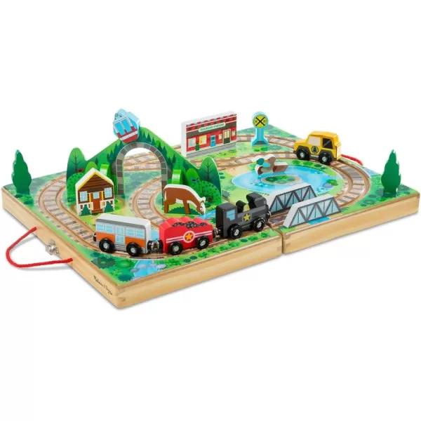 imageMelissa ampamp Doug 17Piece Wooden TakeAlong Tabletop Railroad 3 Trains Truck Play Pieces Bridge  FSC Certified