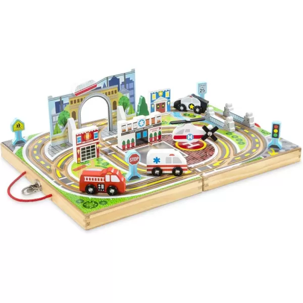 imageMelissa ampamp Doug 18Piece Wooden TakeAlong Tabletop Town 4 Rescue Vehicles Play Pieces Bridge  154 x 110 x 26